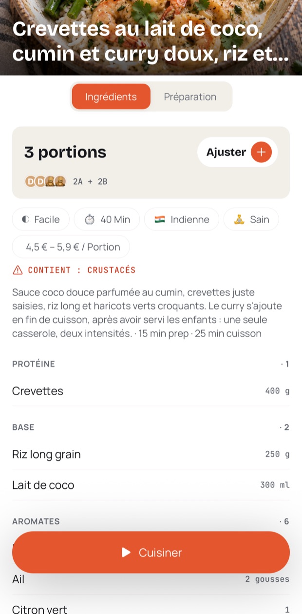 Une fiche recette avec les portions de la famille